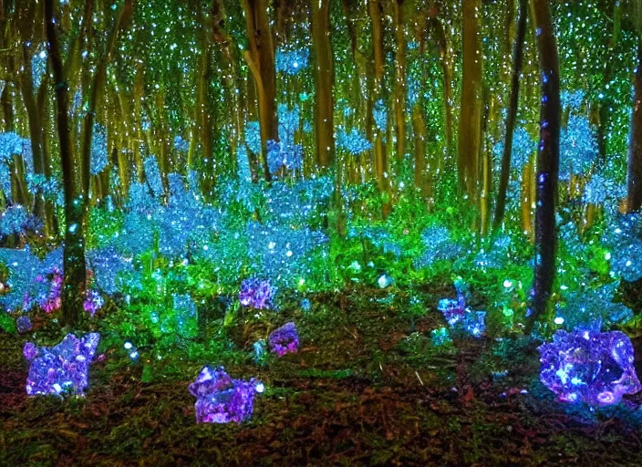 Image similar to a magical forest with occasional crystal flowers that glow in the dusk,