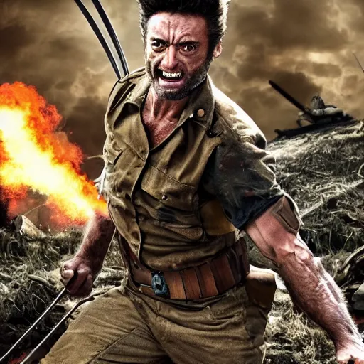 Image similar to Wolverine is a World War II soldier 4K detailed super realistic