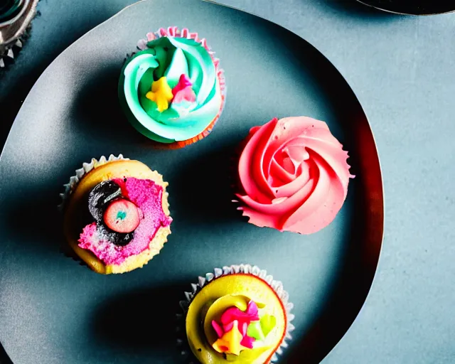 Prompt: dslr food photograph of a cupcake with colored frosting and a shrimp on top, 5 0 mm f 1. 4