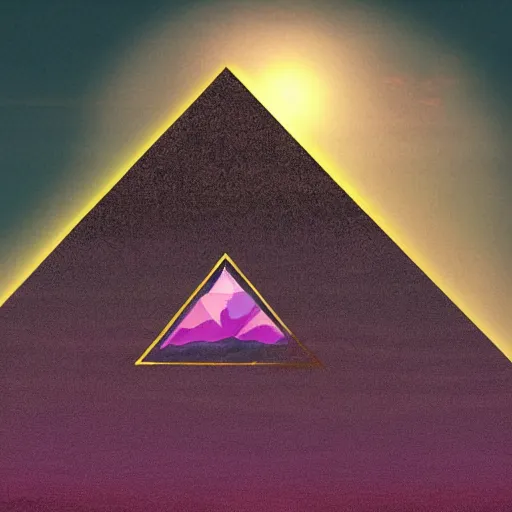 Prompt: concept art of a movie about illuminati, purple mountains in the background and all - seeing eye and a floating pyramid in the foreground, professional drawing, highly detailed, award winning digital art