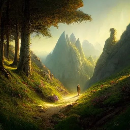 Image similar to beautiful matte painting by arthur gurin concept art of archway fantasy path into the mountainous sloping meadow and slightly forested background void of people, atmospheric lighting, painted, intricate, volumetric lighting, beautiful, rich deep colors masterpiece, sharp focus, ultra detailed by