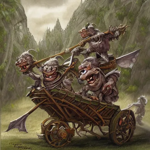 Image similar to painting of goblins riding in a slapdash wooden cart, fantasy art, magic : the gathering art, by diterlizzi