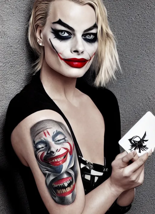 Image similar to beautiful margot robbie with joker makeup tattoo design, holding an ace card, black and white, realism tattoo, hyper realistic