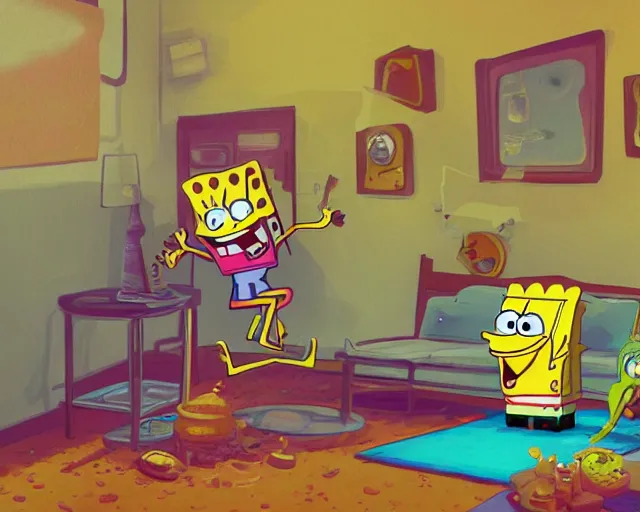 Image similar to spongebob and patrick doing drugs in patricks house, digital art, artstation, amazing detail