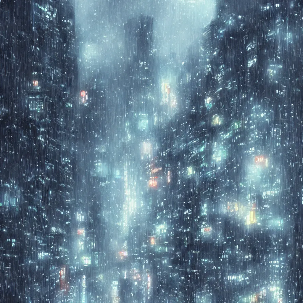 Prompt: beautiful raining anime cityscape by makoto shinkai, tall buildings and grey fog, trending on pixiv