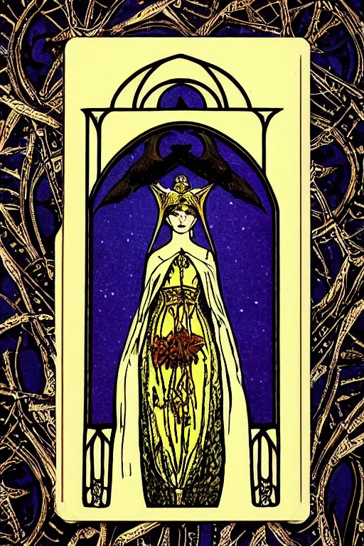 Image similar to high priestess tarot card, major arcana, art nouveau, gothic