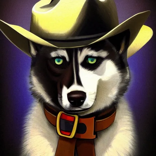 Prompt: a portrait painting of a husky in cowboy costume, wearing a cowboy hat, by [ studio ghibli ], in the style of anime, trending on artstation