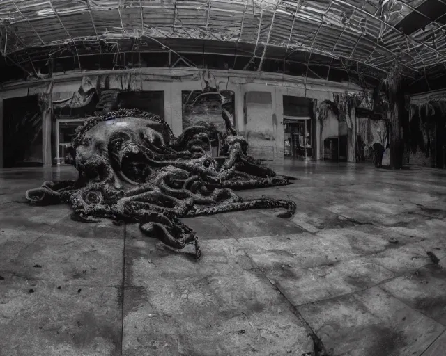 Prompt: camera footage of a extremely aggressive Giant mutated Octopus with glowing white eyes, Human Features, Light Lure, in an abandoned shopping mall, Psychic Mind flayer, Terrifying, Silhouette :7 , high exposure, dark, monochrome, camera, grainy, CCTV, security camera footage, timestamp, zoomed in, Feral, fish-eye lens, Fast, Radiation Mutated, Nightmare Fuel, Ancient Evil, Bite, Motion Blur, horrifying, lunging at camera :4 bloody dead body, blood on floors, windows and walls :5