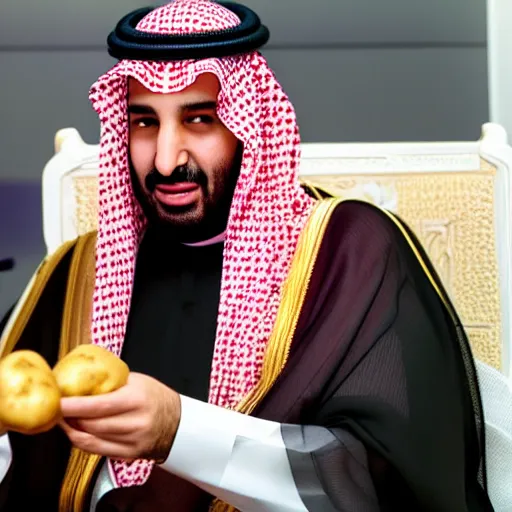 Image similar to mohammed bin salman playing a game live on twitch and eating a potato