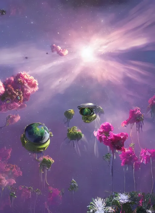 Image similar to An epic fantastic realism comic book style painting of the most beautiful flowers launched into space, bouquets, fisheye lens, unreal 5, DAZ, hyperrealistic, stars in the night sky, octane render, dynamic lighting