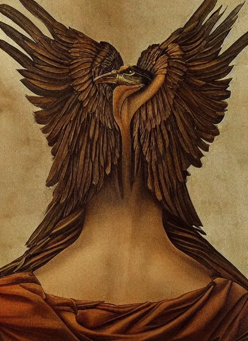 Prompt: Half human, half eagle, symetry, very detailed, painting in style of Leonardo Da Vinci