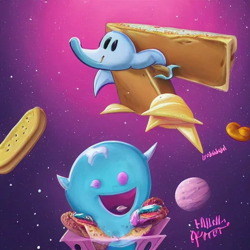 Image similar to highly detailed concept art in of a happy little pink dolphin flying through space eating pizza and cheese, where the planets are candy, hd, trending on artstation