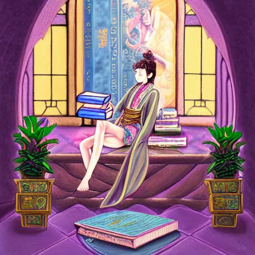 Prompt: a detailed fantasy pastel painting of a young wizard in ornate clothing lounging on a purpur pillow on the marble floor in front of her bookcase, studying an ancient tome. to the side is a potted plant and some blue candles. ancient oriental retrofuturistic setting. 4 k key art in the style yoshitaka amano. anatomically correct