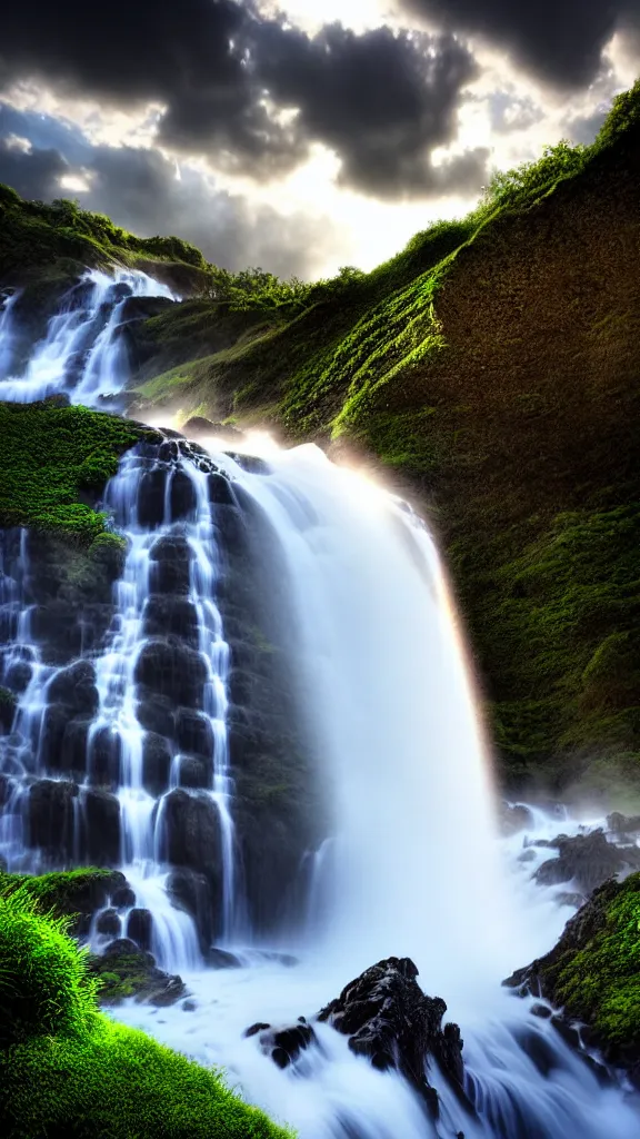 Prompt: a beautiful waterfall landscape, dramatic clouds, volumetric light, highly detailed, very sharp, award winning photography, highly realistic