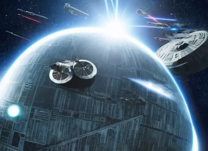 Prompt: film still of the death star hovering above earth in the new star wars movie, 4 k