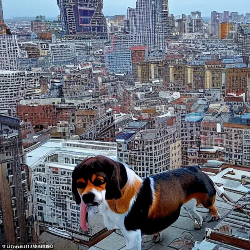 Prompt: legendary 1 0 0 metres beagle walking over a city, epic scale