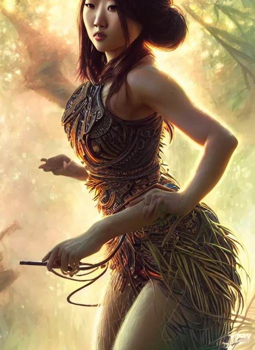 Prompt: karen fukuhara as queen of the jungle, intricate, elegant, glowing lights, highly detailed, digital painting, artstation, glamor pose, concept art, smooth, sharp focus, illustration, art by artgerm and greg rutkowski, artey freytag