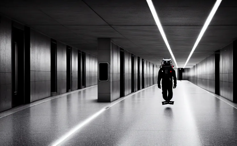 Image similar to Black quadcopters swarm the wide hallways in a futuristic prison underground with brutalist architecture, staff can be seen carrying black duffel bags, sigma 85mm f/1.4, 4k, depth of field, high resolution, 4k, 8k, hd, full color