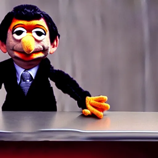 Image similar to mr. bean as a muppet from the muppet show. movie still. cinematic lighting.