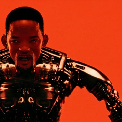 Image similar to film still of will smith as the terminator (1984 film),glowing red eyes, half exposed exoskeleton face, half cyborg, film grain, insanely detailed, 4k, photorealistic, hd