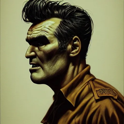 Image similar to side view of morrissey as a zombie with cuts and with a large quiff and thick eyebrows and warm brown lighting, 7 days to die zombie, realistic proportions, fine art, award winning, intricate, elegant, sharp focus, cinematic lighting, digital painting, 8 k concept art, art by brom, art by michael hussar, 8 k