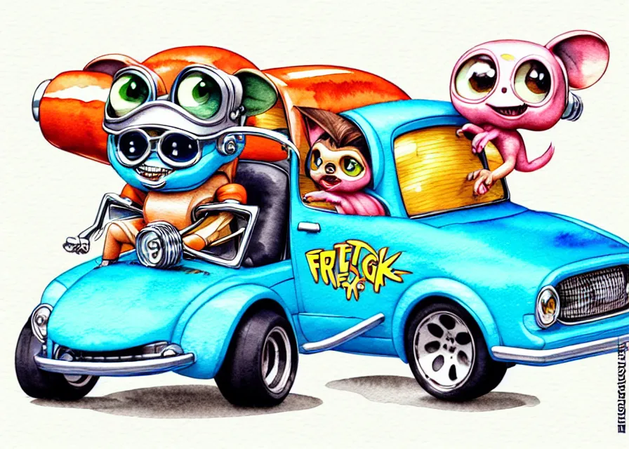 Prompt: cute and funny, gizmo riding in a hot rod with oversized engine, ratfink style by ed roth, centered award winning watercolor pen illustration, isometric illustration by chihiro iwasaki, edited by range murata, tiny details by artgerm and watercolor girl, symmetrically isometrically centered