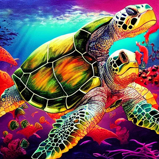 Prompt: zombified sea turtle, beautiful composition, wide angle, colorful, cinematic, volumetric lighting, intricate details painting