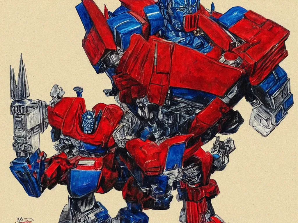 Image similar to a detailed color illustration of optimus prime riding a fat pony, in the style of frank frazetta. sharp focus.