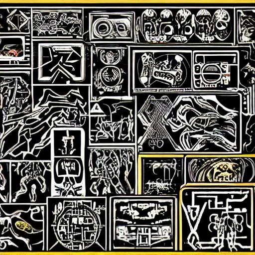 Image similar to old school video game graphics, ancient cyberpunk hieroglyphics heavy metal music and cats, lions, tigers, futuristic, science fiction, heavy metal