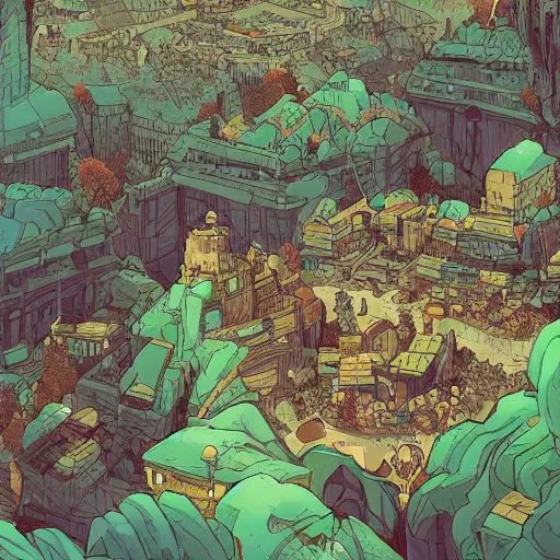 Image similar to cell shaded adult animation, a birds eye view overlooking a walled off ancient fantasy city being attacked by horrific monsters, surrounded by mountains and trees of greens and browns, rivers, concept art by josan gonzales and wlop, Laurie Greasley, Bekinski and james jean, highly detailed, sharp focus, Trending on Artstation, HQ, deviantart, art by artgem