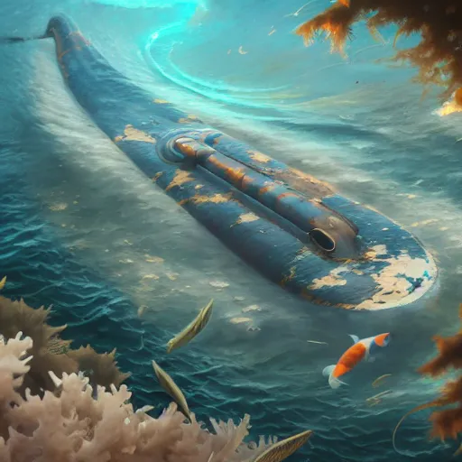 Image similar to subsurface scattering, white, giant submarine, koi colors, koi not present, octane render, jesper ejsing, justin gerard, james jean, tomasz alen kopera, cgsociety, fenghua zhong, makoto shinkai, highly detailed, rim light, art, cinematic lighting, very coherent, hyper realism, 8 k