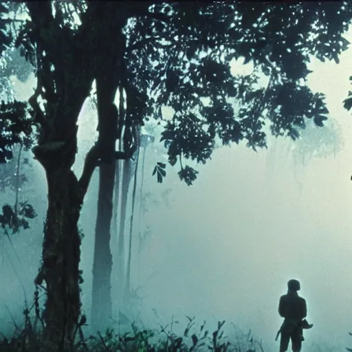 Image similar to film still, far view, emma watson soldier hiking through dense vietnam jungle, dense cloud fog, film still from apocalypse now ( 1 9 7 9 ), 2 6 mm, kodak ektachrome, blue tint expired film,