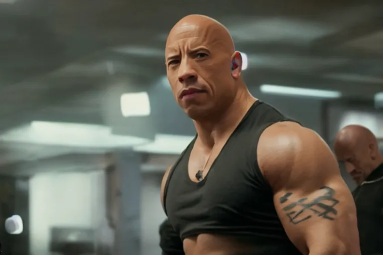 Prompt: vin diesel as dwayne johnson flexing and yelling let's go!, brass bell visible in the background on his right, low perspective, isometric perspective, cinematic still, movie still, long lens, shallow depth of field, bokeh, anamorphic lens flare, 8 k, hyper detailed, 3 5 mm film grain