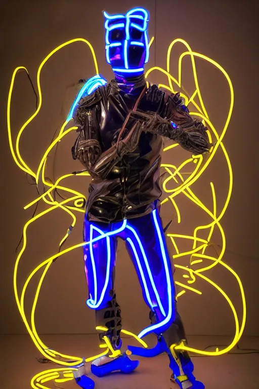 Image similar to full-body neon porcelain bladerunner style sculpture of a young handsome Italian ninja as a half android with a porcelain chest opening exposing circuitry and electric sparks, glowing laser beam eyes, crown of giant diamonds, flowing neon-colored silk, fabric, raptors. baroque elements. full-length view. baroque element. intricate artwork by caravaggio. Very very very very highly detailed epic photo of face. Trending on artstation, octane render, cinematic lighting from the right, hyper realism, octane render, 8k, depth of field, 3D