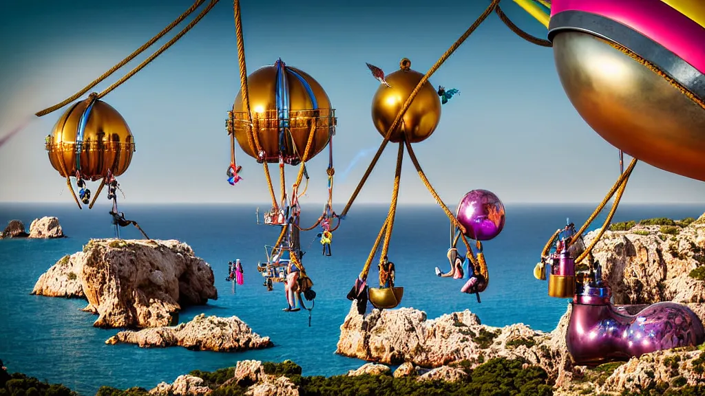 Image similar to large colorful futuristic space age metallic steampunk steam - powered balloons with pipework and electrical wiring around the outside, and people on rope swings underneath, flying high over the beautiful ibiza landscape, professional photography, 8 0 mm telephoto lens, realistic, detailed, photorealistic, photojournalism