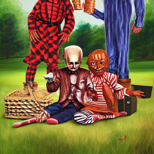 Image similar to freddy krueger, penny - wise and joe biden on a picnic, photo portrait, hyper realism, creepy, symmetry, awesome exposition, very detailed, highly accurate, professional lighting diffracted lightrays, 8 k, sense of awe