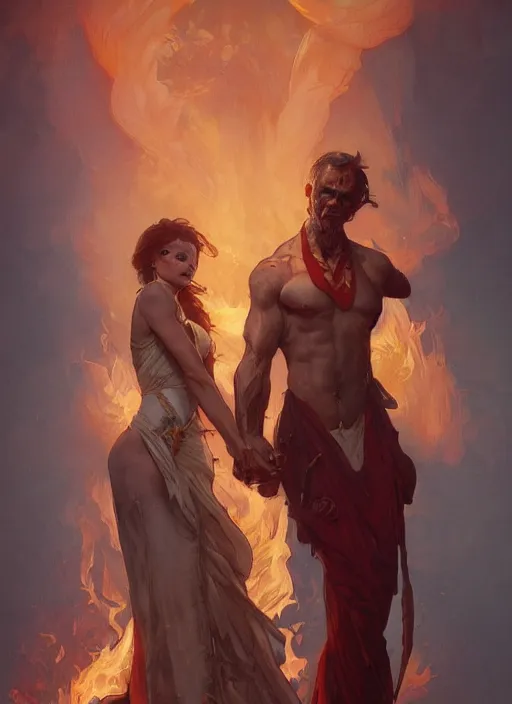 Image similar to a couple made of fire and smoke, full body view, beautiful high quality realistic fantasy art, trending on artstation by artgerm and greg rutkowski and alphonse mucha