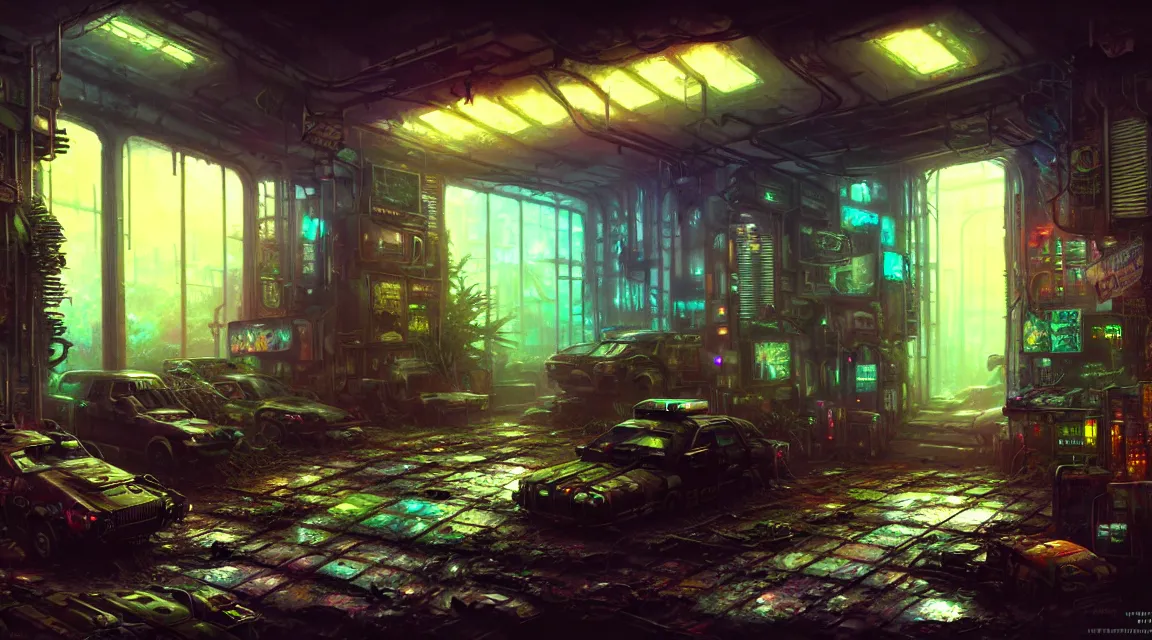 Prompt: post apocalyptic room interior, by thomas kinkade trending on artstation, photorealistic, wild vegetation, hyper detailed, hyper realistic neon cyberpunk blade runner