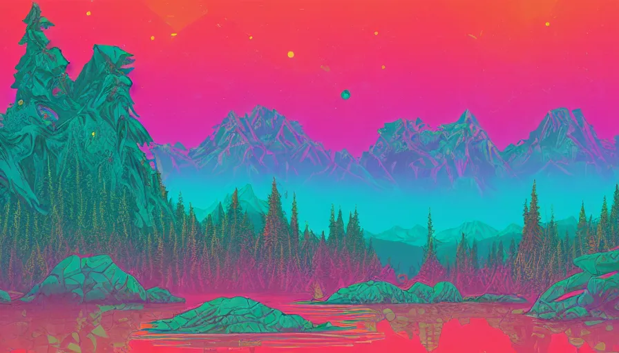 Prompt: a retrowave style artwork of earl sweatshirt wilderness, a land of the dead, divine, hazy, volumetric lighting, snowy summits in the background, vast turquoise lake, lush flora, empty, spacetime bending, very detailed, serene, gold accents, washed out colors, beautiful artwork, master level composition, raytracing