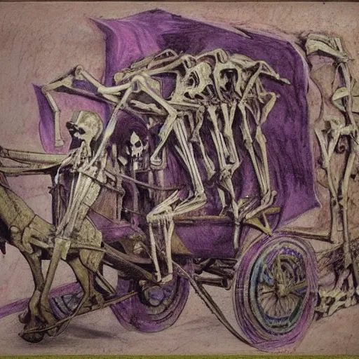 Prompt: the collage features a human figure driving a chariot. the figure is skeletal and frail, with a large head and eyes. the chariot is pulled by two animals, which are also skeletal and frail. pastel violet by antoni gaudi daring