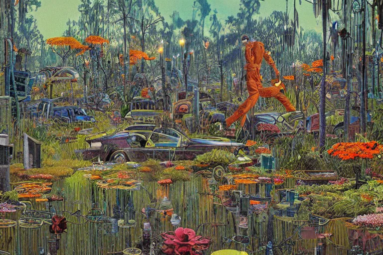 Image similar to super - detailed scene twilight junkyard, louisiana swamps, orange blooming flowers garden, 8 k, 8 0 s japanese sci - fi books art, artwork by jean giraud