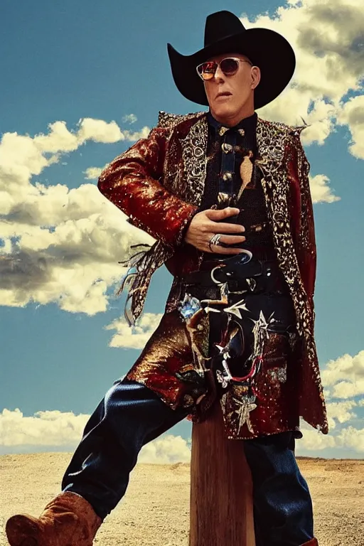 Prompt: dolce & gabbana campaign featuring maynard james keenan as a cowboy, unprocessed colors, # nofilter, shot by annie leibovitz, realistic vfx simulation