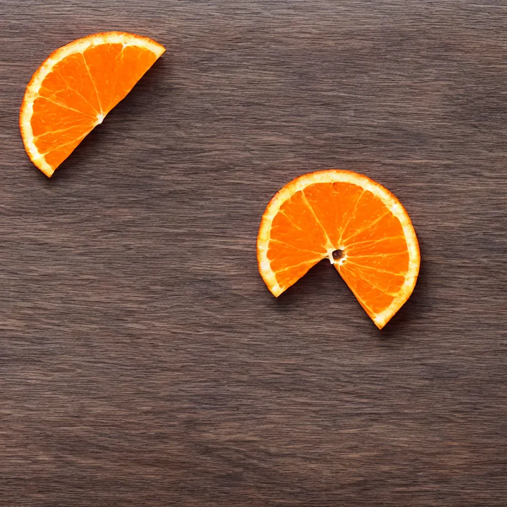 Image similar to top-down view with a single slice of orange slice on top of a wooden table, 4k, photorealistic