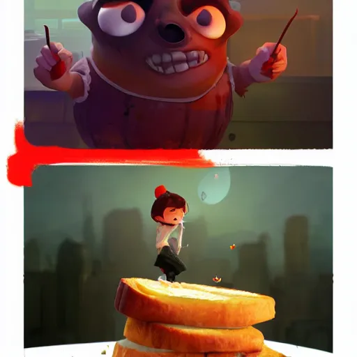 Image similar to the angry french toast was alive, cute pixar character, volumetric lighting, dynamic composition, fantasy, hyper detailed, ultra realistic, sharp focus, octane render, concept art by sachin teng and sergey kolesov and ruan jia and heng z