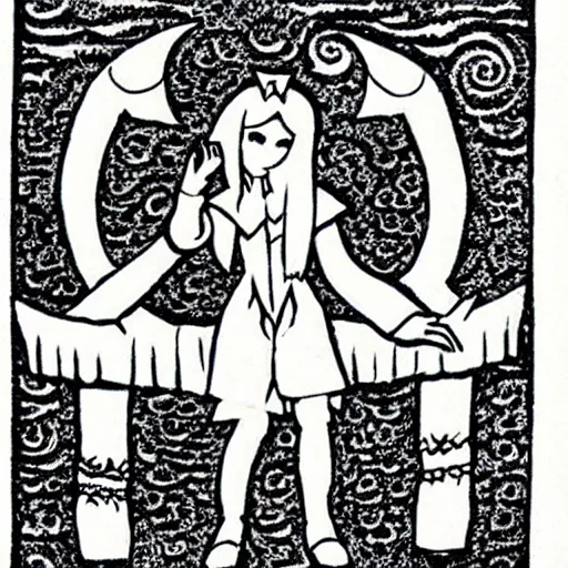 Image similar to Kyubey in the style of European woodcuts