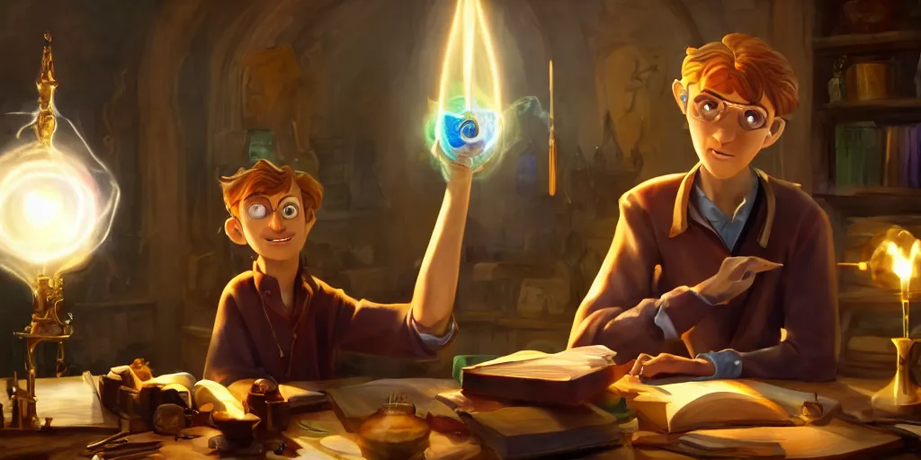 Prompt: a young caucasian male mage they are in a alchemy workshop working at there desk. consistent face, colorful, light rays, medium shot, waist up, sharp focus, bloom, dramatic lighting, very detailed, by pixar, dreamworks and marvel