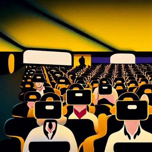 Image similar to people in a busy very dark movie theatre, all of they are wearing vr headsets with art direction by salvador dali, wide lens