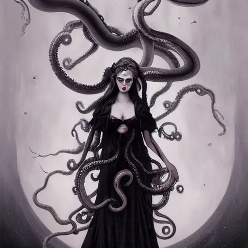 Image similar to By Tom Bagshaw, ultra realist soft painting of a curiosities carnival spikes flowers and tentacles by night, very beautiful dark eyed female dollpunk in full long dress, symmetry accurate features, very intricate details, omnious sky, black and white, volumetric light clouds