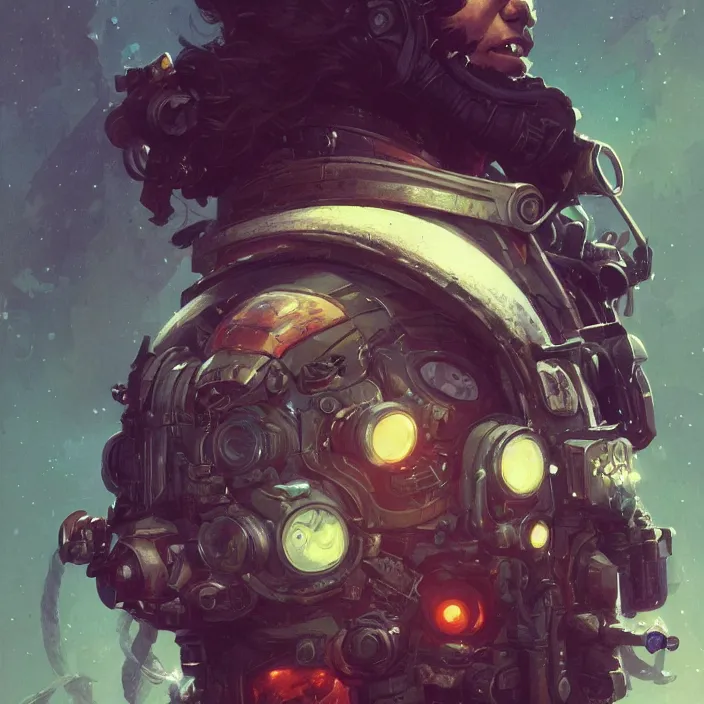 Image similar to a head and shoulders portrait of a space pirate, neon, retro, steampunk, smooth, sharp focus, intricate, artstation, detailed concept art by Greg Rutkowski and Norman Rockwell and artgerm