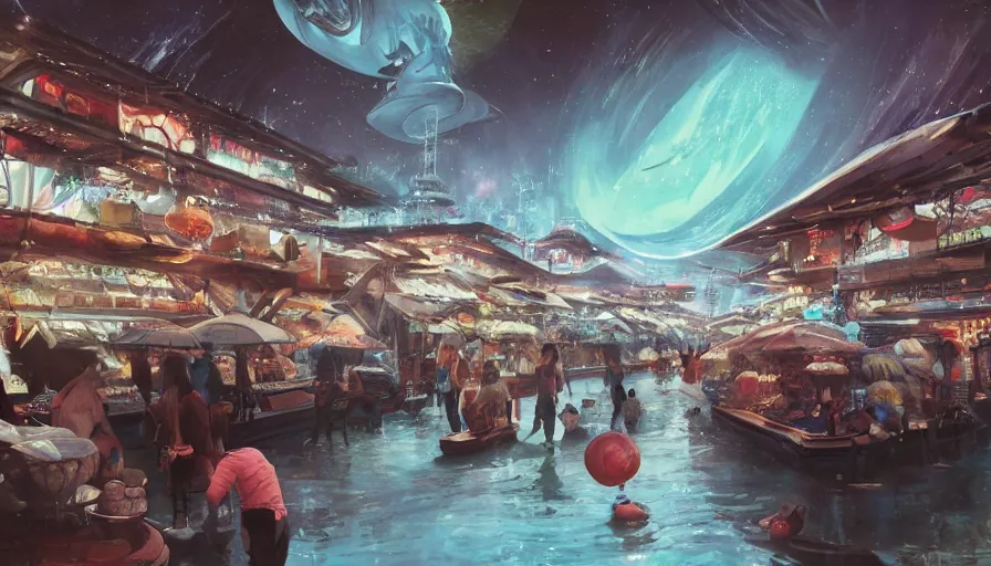 Image similar to floating wet japanese market with vendors on a luxurious road on interstellar solar system with nearby planets seen from the distance, advanced highway, star trek style, by peter mohrbacher, jeremy mann, francoise nielly, android james, ross tran, beautiful, award winning scenery, 8 k quality, clean details, serene, sakura season